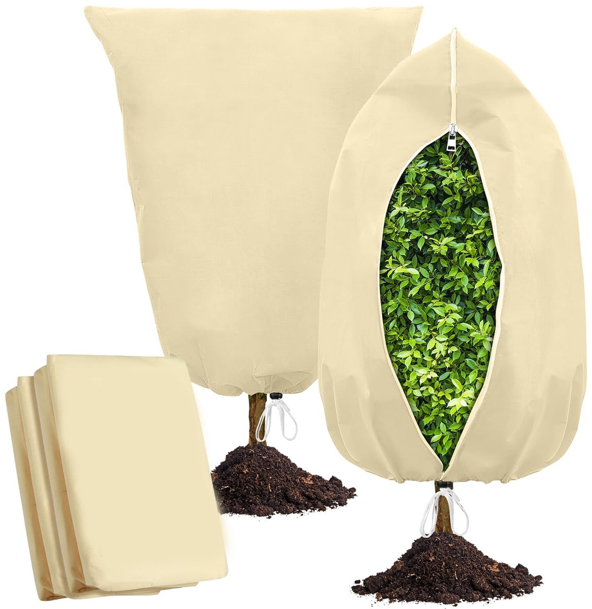Vorstbeschermingsdoek voor planten - Vorstbeschermende hoes - Vorstbestendig tuindoek - Winterbeschermingshoes - Geschikt voor palmbomen en andere bomen - Duurzaam - Verdikt - Tweedelig - Trekkoord met ritssluiting - 120 x 180 cm - Beige