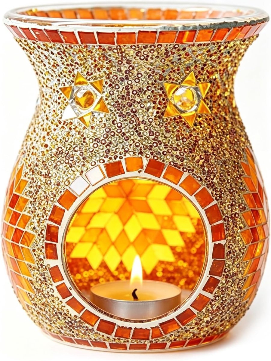 Mosaic Glazen Wax Melt Branders voor Essentiële Olie, Tealight Kaarsen en Aroma Diffuser voor Thuis en Kantoor Decoratie (Oranje)
