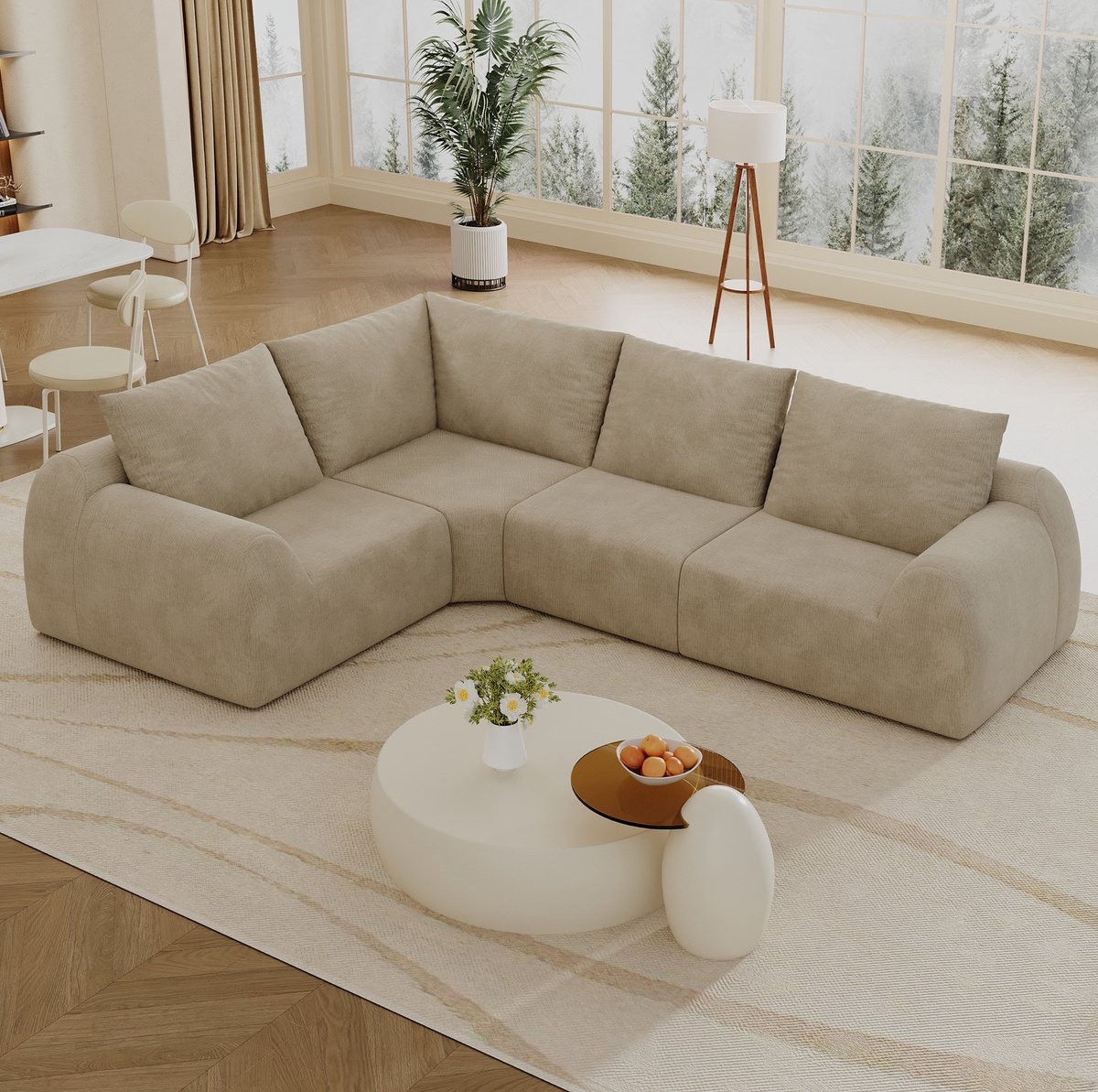 REDOM- Hoekbank - L-vormige opstelling - 4-zits - Chenille stof - Zonder montage - Woonkamer - Stof - Khaki - 267 x 200 x 85 cm