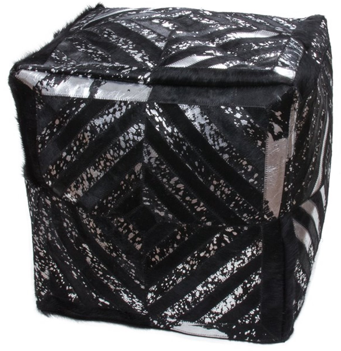 Padiro vierkante poef 45 x 45 x 45 cm - zwart en zilverkleurig - leer - handgemaakt met diagonaal patroon