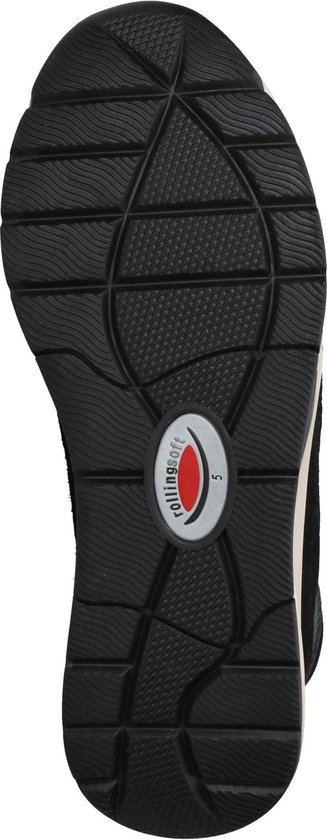 Zwarte zool met antislipprofiel en het Rolling Soft logo.