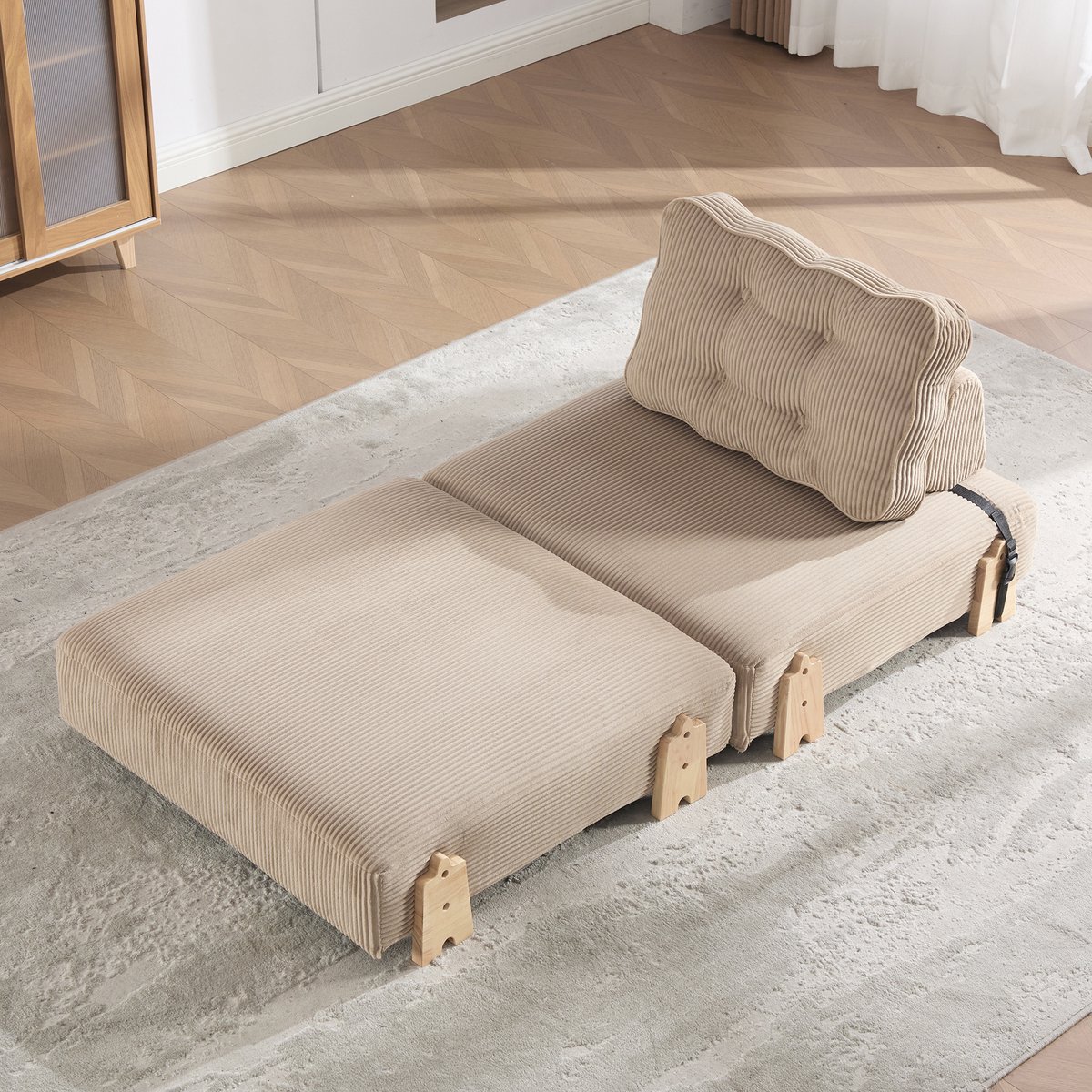 REDOM- Fauteuil - Handmatig - Corduroy bekleding - Opvouwbare slaapstoel - Scandinavische stijl - Woonkamer en slaapkamer - Hout - Khaki - 90 x 86 x 84 cm
