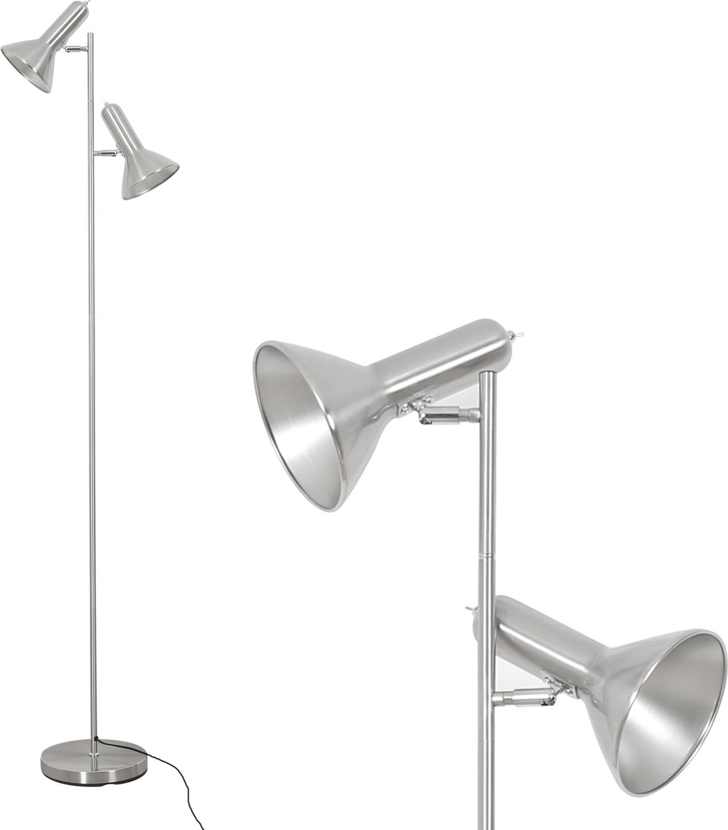 Amdelne Industriële Lampenkap Nikkel - 2 Trompet Vloerlamp - fitting E27 MAX60W - excl. lichtbronnen