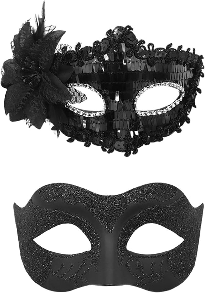 Set van 2 Venetiaanse maskers met pailletten - Feestmasker - Sexy halfmasker voor de ogen - Geschikt voor optredens, cosplay en carnaval (zwart)