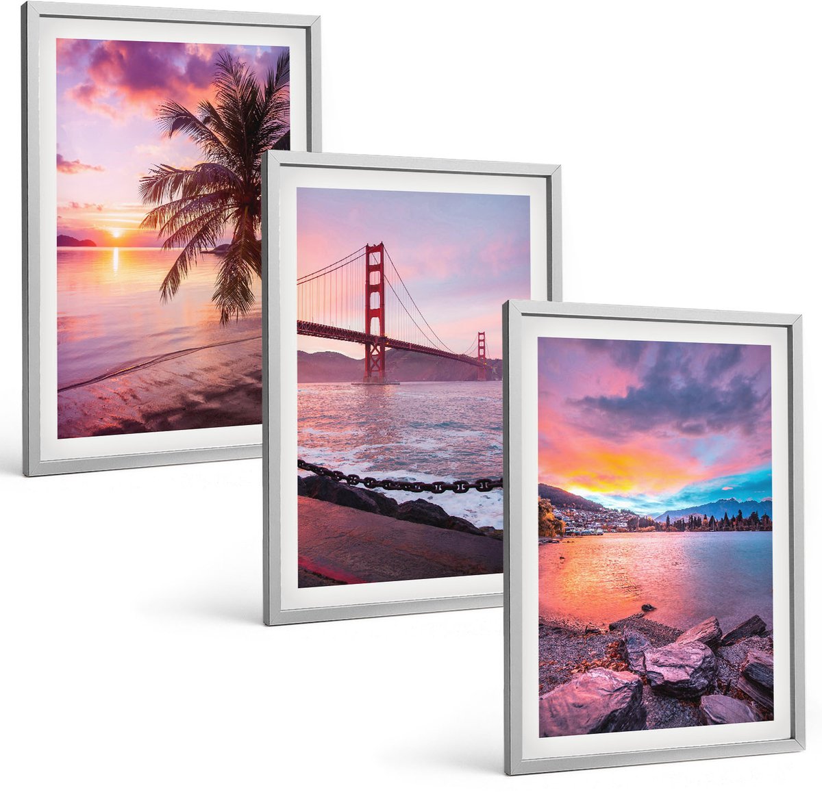 Coloray 3-Delige Schilderij Set - Zonsondergangen Boven De Brug En Het Waterlandschap - 40 x 60 cm - Muurdecoratie - Wanddecoratie - Hal