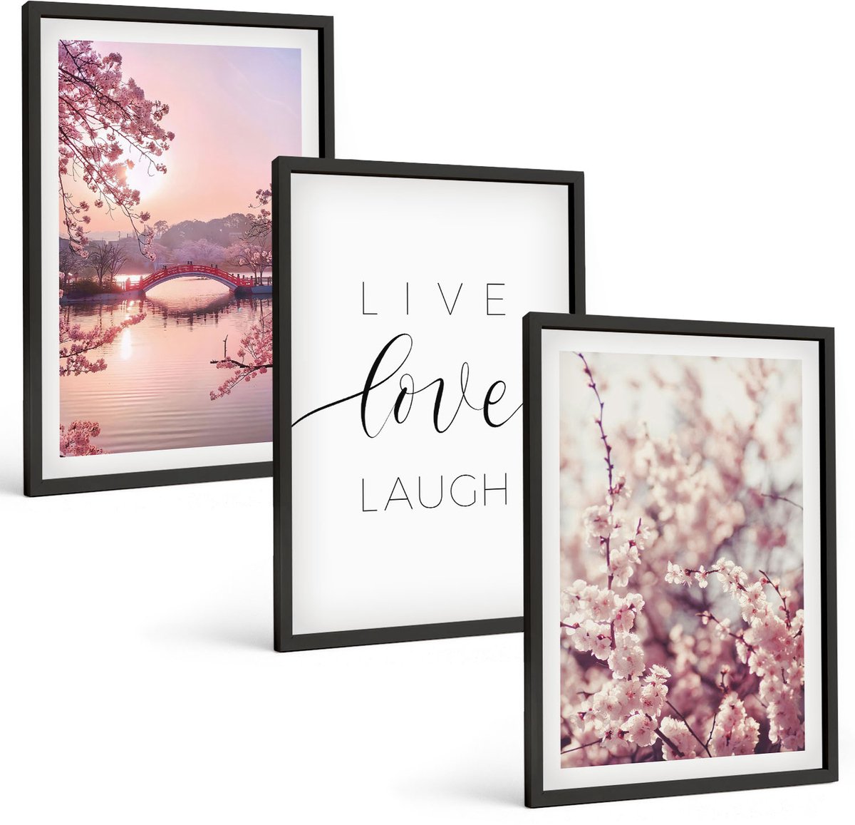 Coloray 3-Delige Schilderij Set - Bloemmotieven Met Een Brug En Een Inscriptie - 40 x 60 cm - Decoratieve Schilderijen - Wanddecoratie - Hal - Moderne Wanddecoratie