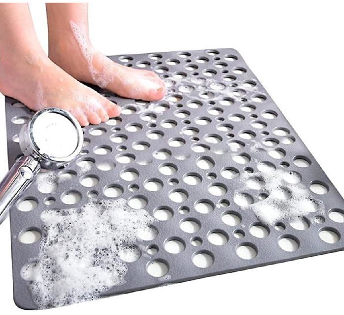 Vierkante, antislip, schimmelwerende douchemat, 53 x 53 cm, gemaakt van rubber, met drainagegaten, machinewasbaar, grijs.