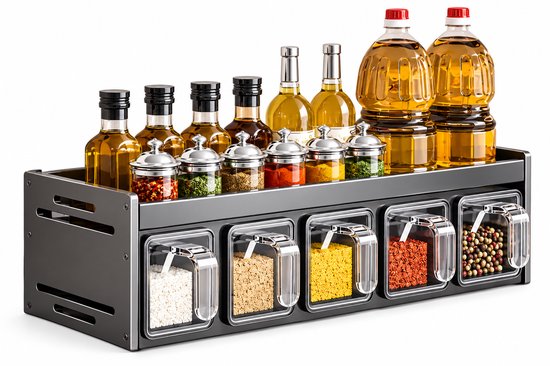 Zwart wandkruidenrek met vijf doorzichtige lades voor specerijen en een bovenplank voor olie- en azijnflessen.