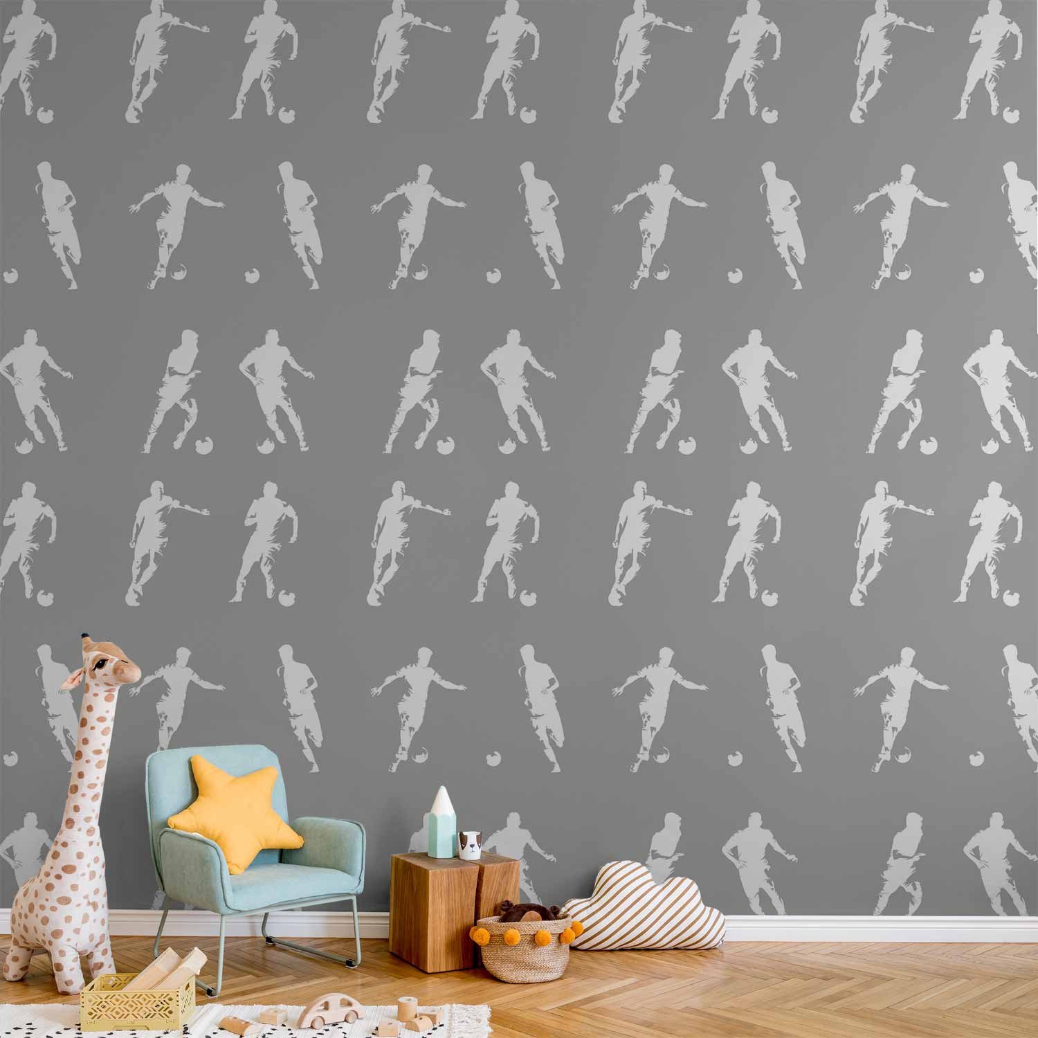 Behang - Sports Silhouettes - Dynamic figures of soccer players on a gray background.