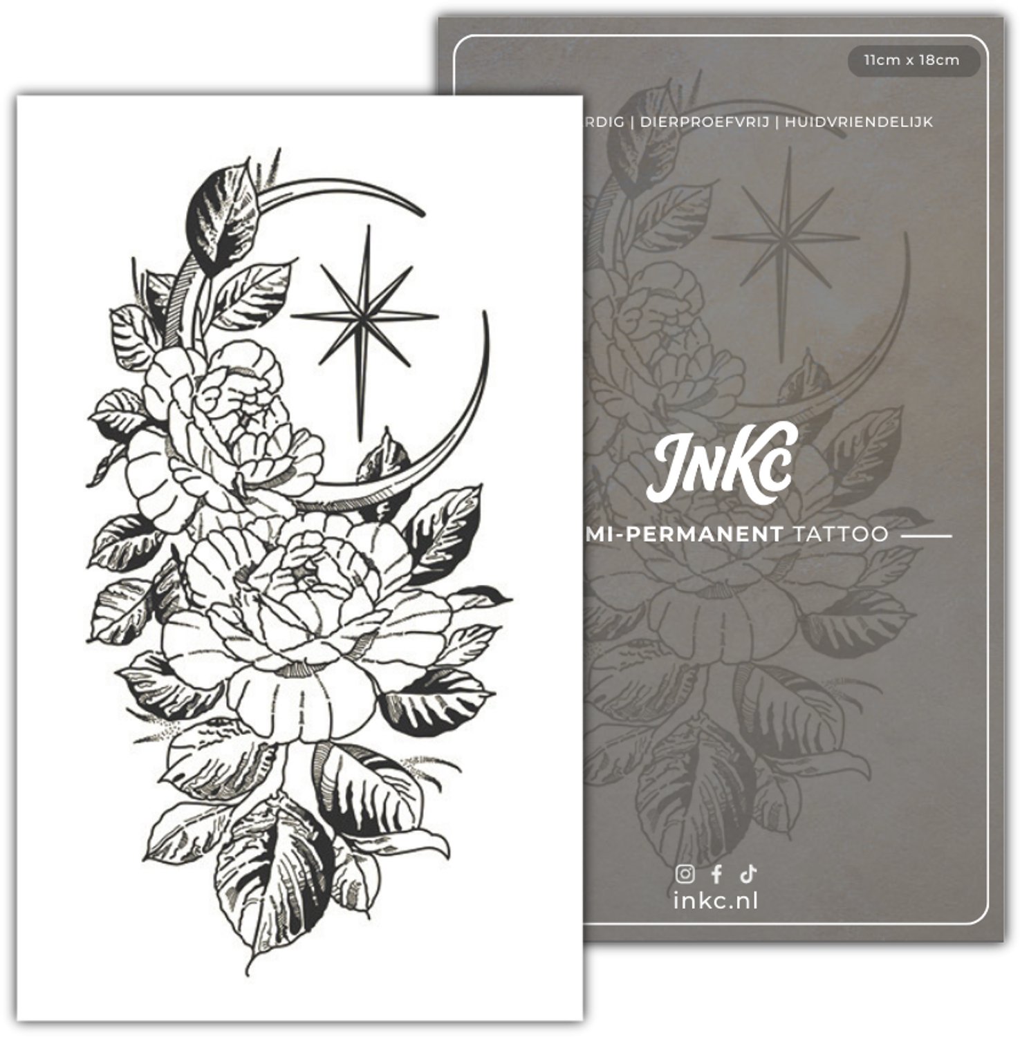 INKC - Tijdelijke Tattoo - Bloemenkrans Maan - Nep Tattoo - Plak Tattoos - Blijft tot 2 weken - 11 x 18cm