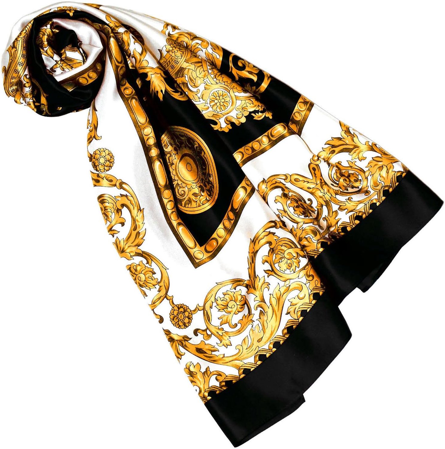 Lorenzo Cana Dames Zijden Sjaal 100x100cm - Goud, Zwart, Wit Print