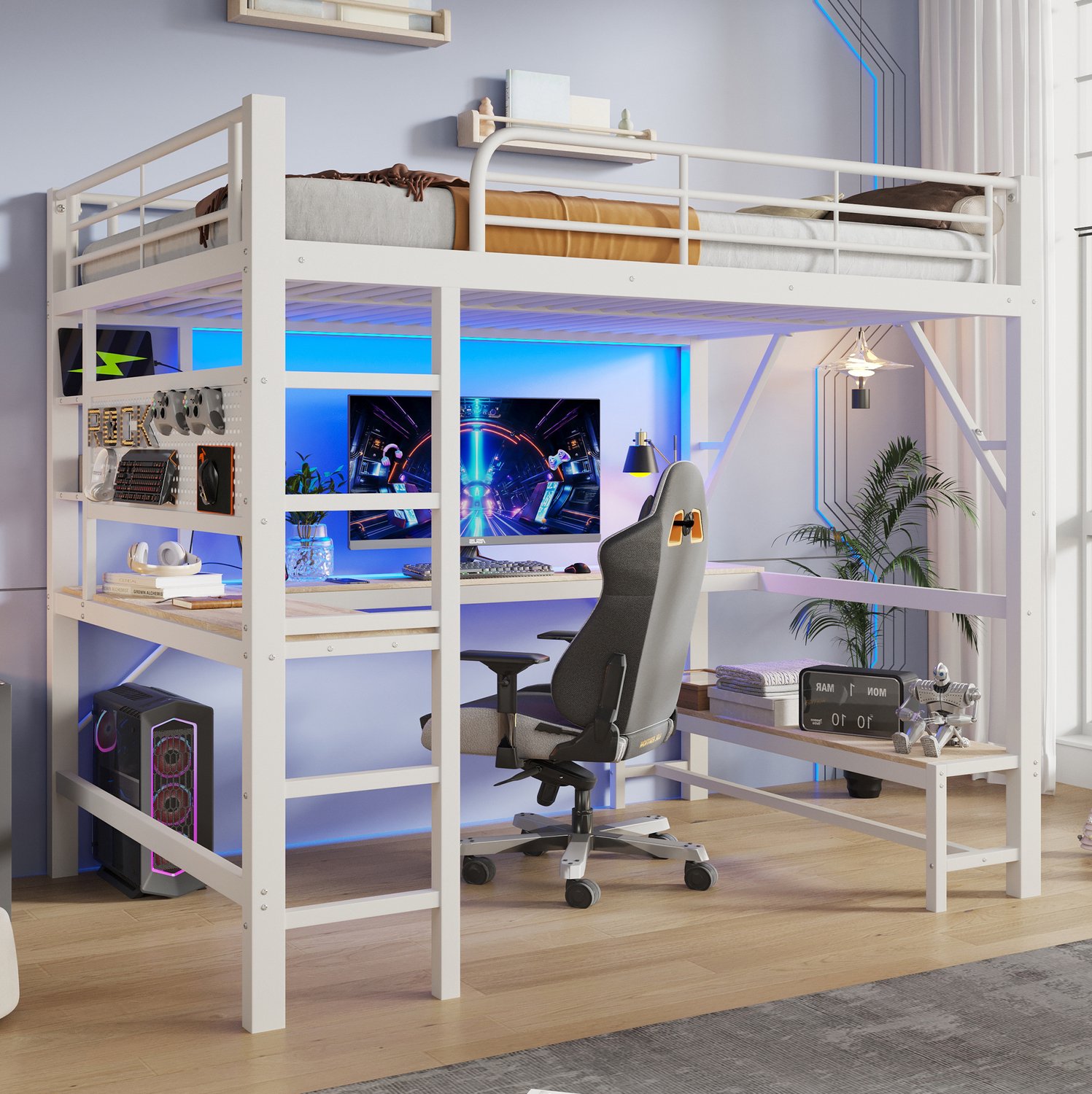 Wishdor Hoogslaper 160x200 cm - Met bureau en opbergruimte - LED-verlichting met USB- en Type-C-aansluiting - Met ladder en uitvalbeveiliging - Metaal en MDF - Wit