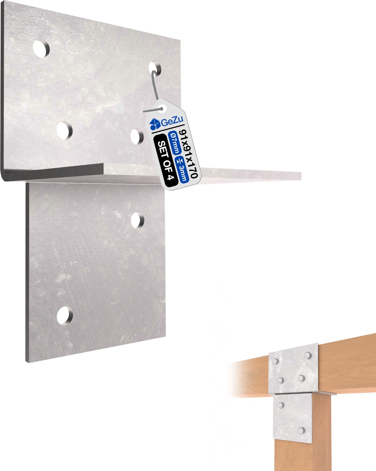 GeZu Impex Houtverbinding T Stuk 91 x 91 mm | T Ext. set van 4 Thermisch Verzinkt T-Verbindingsbeugel voor Muur- en