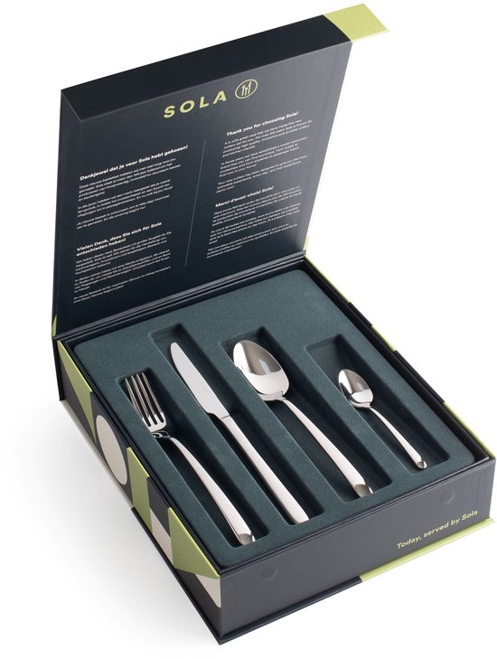 Sola bestekset in een open geschenkdoos met informatieve teksten over het merk en vier delen bestek.