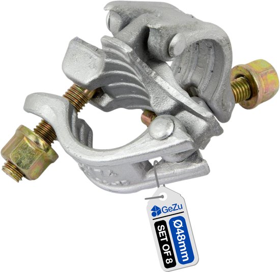 Gegalvaniseerde GeZu-steigerkoppeling, 48mm, set van 8, op witte achtergrond.