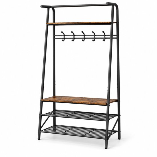 Vrijstaand garderoberek met zwart frame, houtlook planken, 5 haken en twee metalen schoenenrekken.
