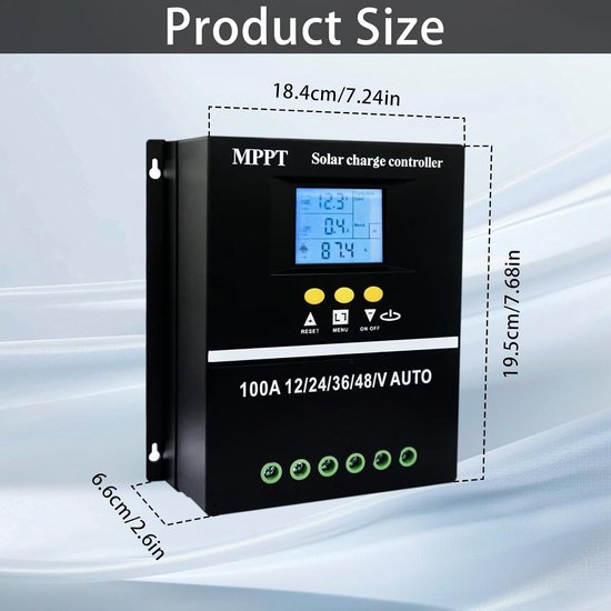 Zonne-energie MPPT Laadregelaar 100A voor 12V, 24V, 36V en 48V Panelen met LCD Scherm voor Lithium en Loodaccu's, Efficiënte Oplossing voor Duurzame Energie — afbeelding 5