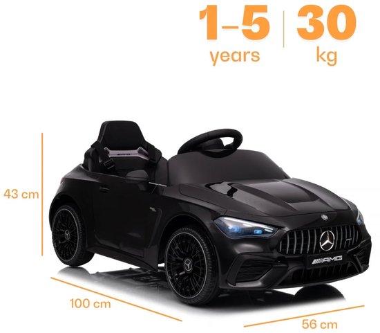 Zwarte kinderauto met afmetingen 100x56x43 cm, geschikt voor 1-5 jaar.