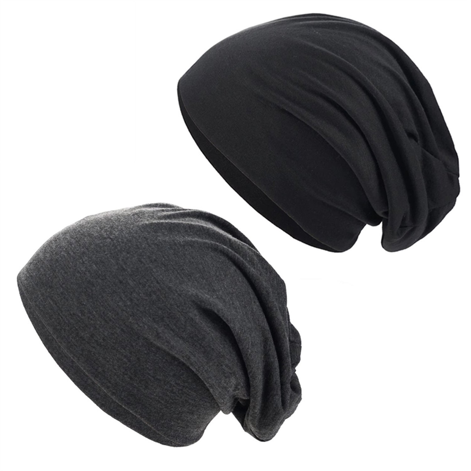 2-delige Slouchy Beanie Muts - voor Dames en Heren - Trendy Elastische Mut - Zachte Lichtgewicht Chemo Muts - Slaapmuts - Sportpet - Alle Seizoenen - Zwart + Donkergrijs