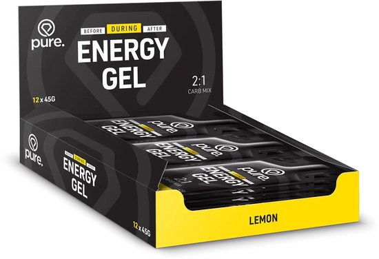Displaydoos met 12 Pure. Lemon Energy Gels van 45g elk, zwart met gele accenten.