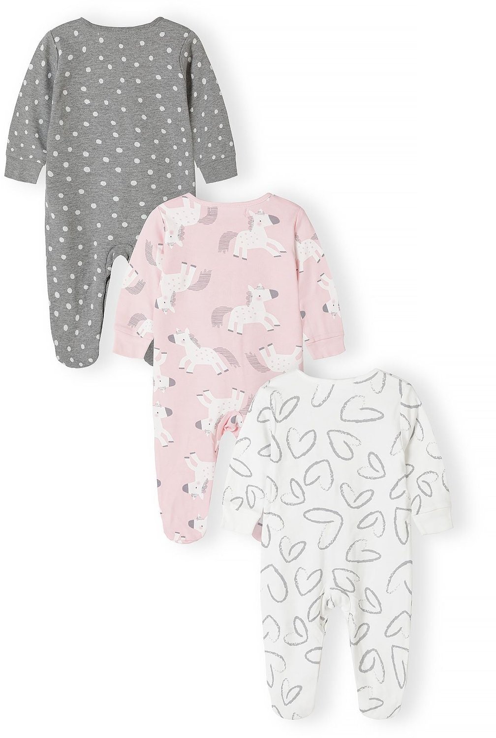 Minoti boxpakje baby – met voetjes – pony's – 3-pack – roze, grijs en crème
