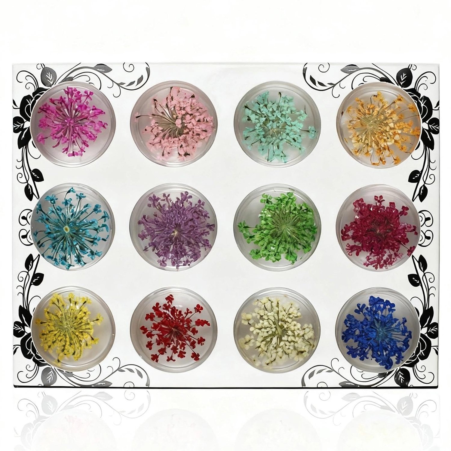 Famanu Gedroogde bloemen set van 12 kleuren voor nagelkunst en sieraden, in transparante doos