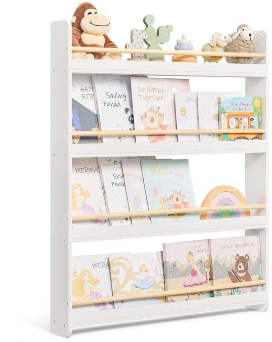Witte kinderboekenkast gevuld met diverse boeken en pluchen speelgoed.