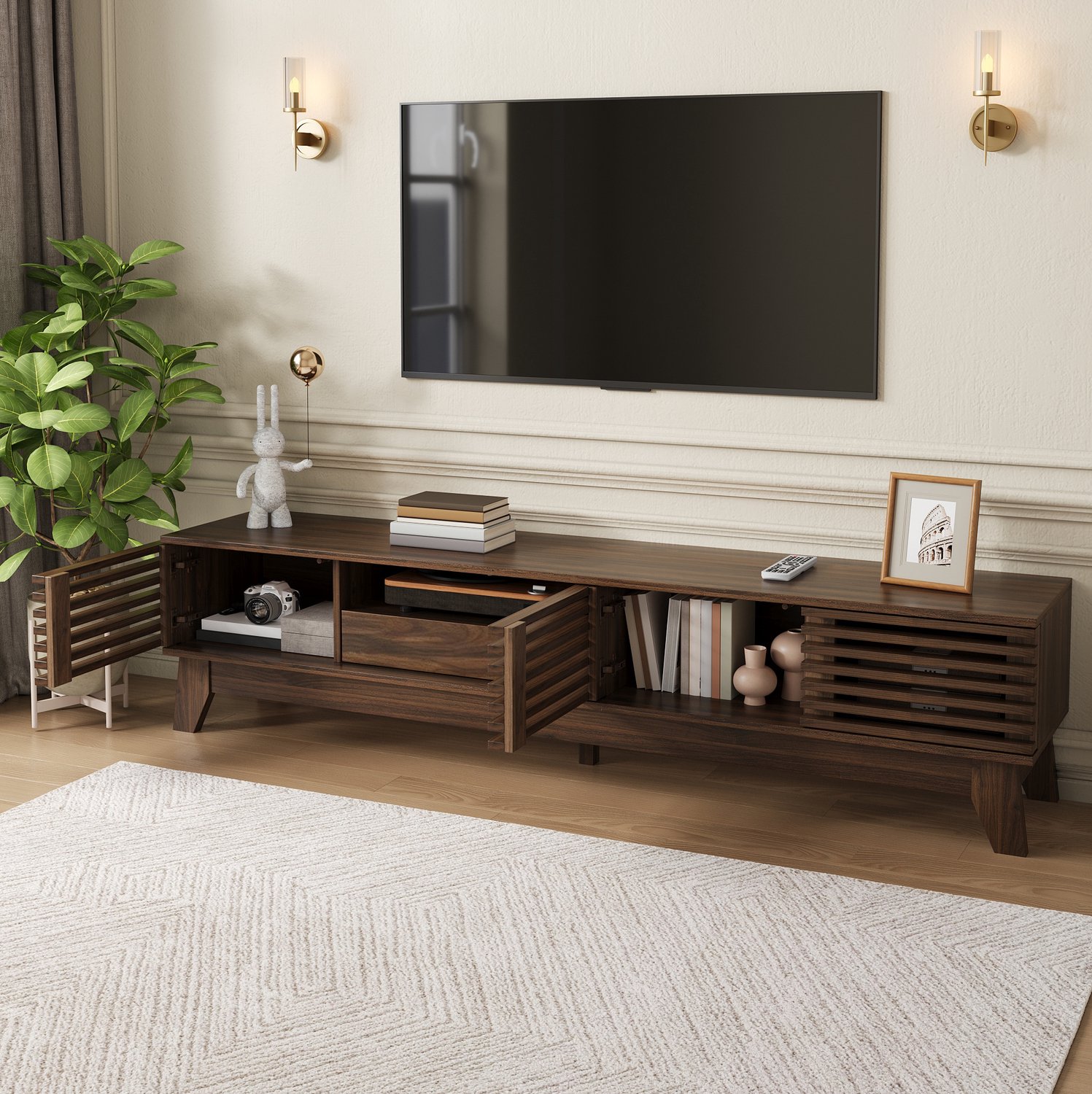 CHICFURN TV-meubel - Opbergruimte - Geribbeld - 3 deuren en lade - Walnoot