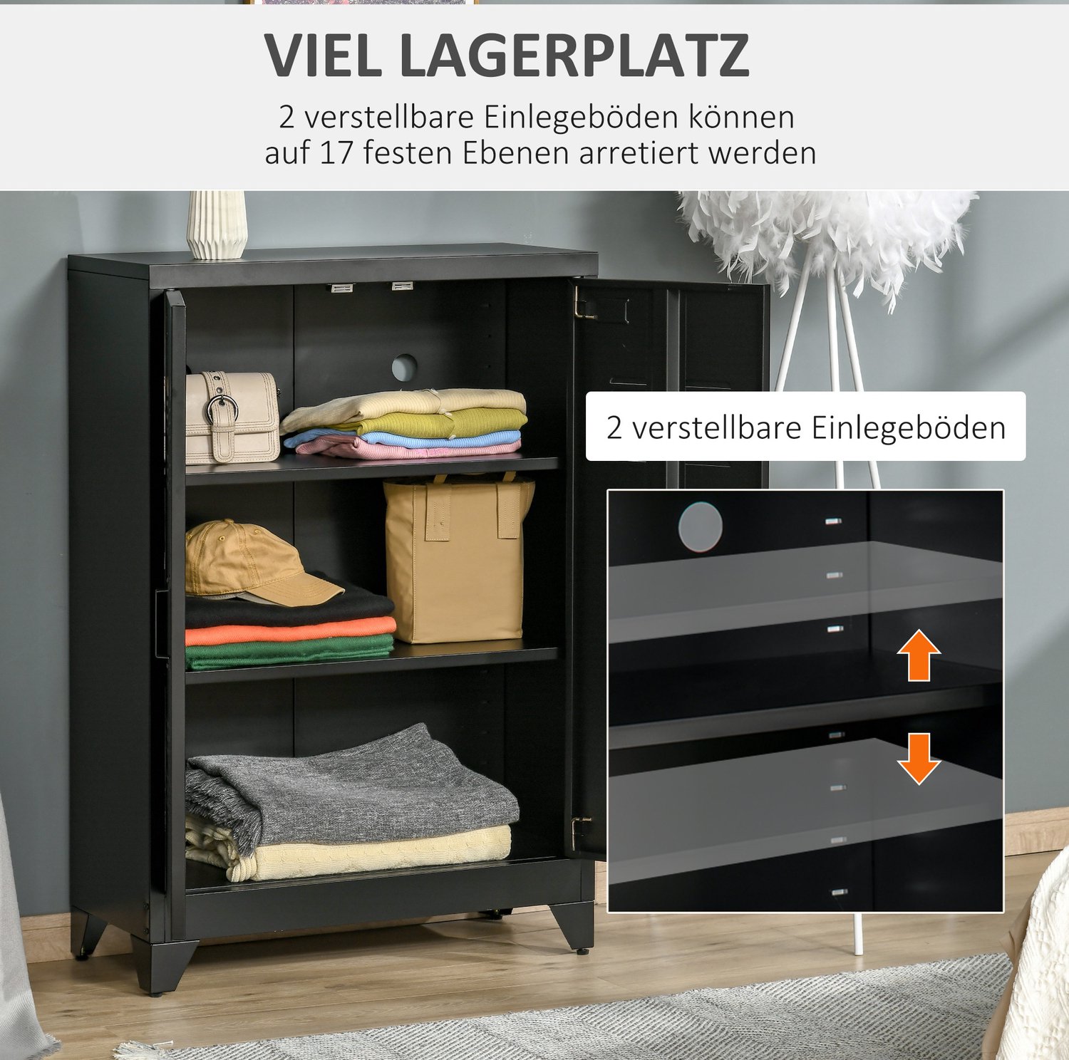 CHICFURN Archiefkast 75 cm - verstelbare planken - metalen deuren - zwart