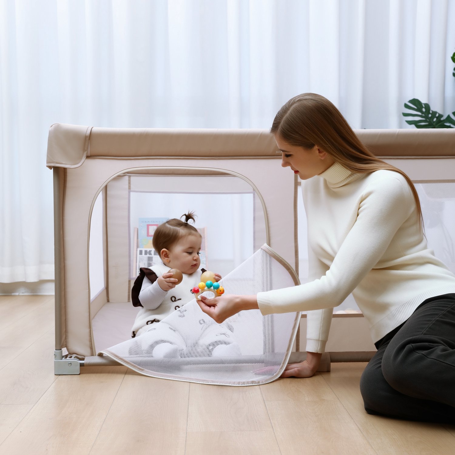 Elissio® - Grondbox Baby - Inklapbare Speelbox met XPE dubbelzijdige Speelmat & 50 Ballen - Kruipbox - Kinderbox - Playpen Baby - 150x150x76.5 CM - Beige – foto 7