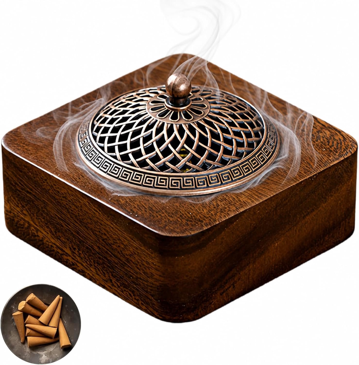 Wierookbrander 25x25 cm - Notenhout - Antiek bronzen deksel - Voor meditatie en yoga - ServiceTopper