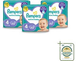 3 x Pampers – Luiers – Active Baby Maat 4 (9-14 kg) – 62 Luiers - Wasstrips - Luiers Voor Baby - Droge Luiers - Actieve Baby - Superabsorberende Luiers - Anti-lek Luier