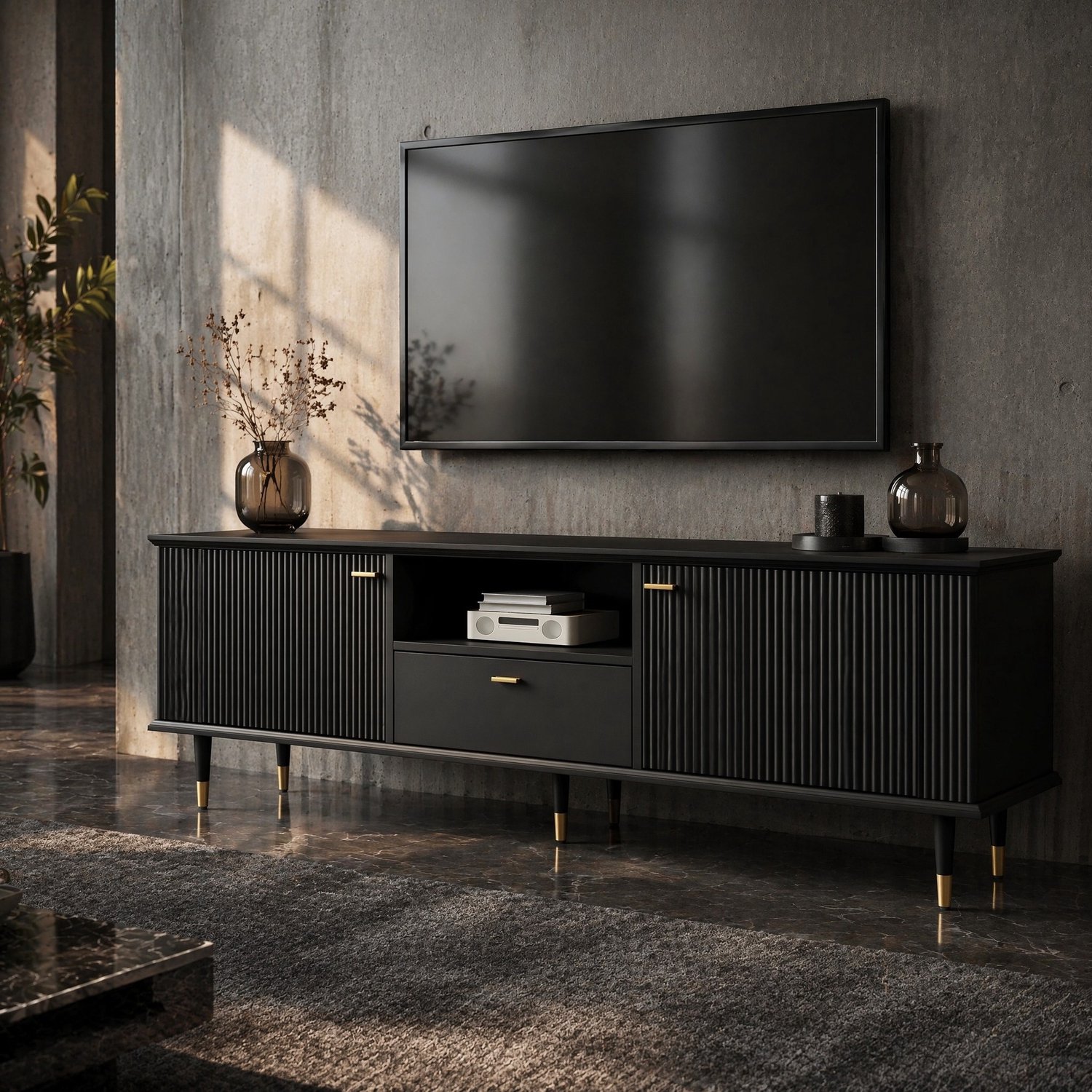 CHICFURN TV-meubel - Kabeldoorvoer - 2 deuren en lade - Zwart