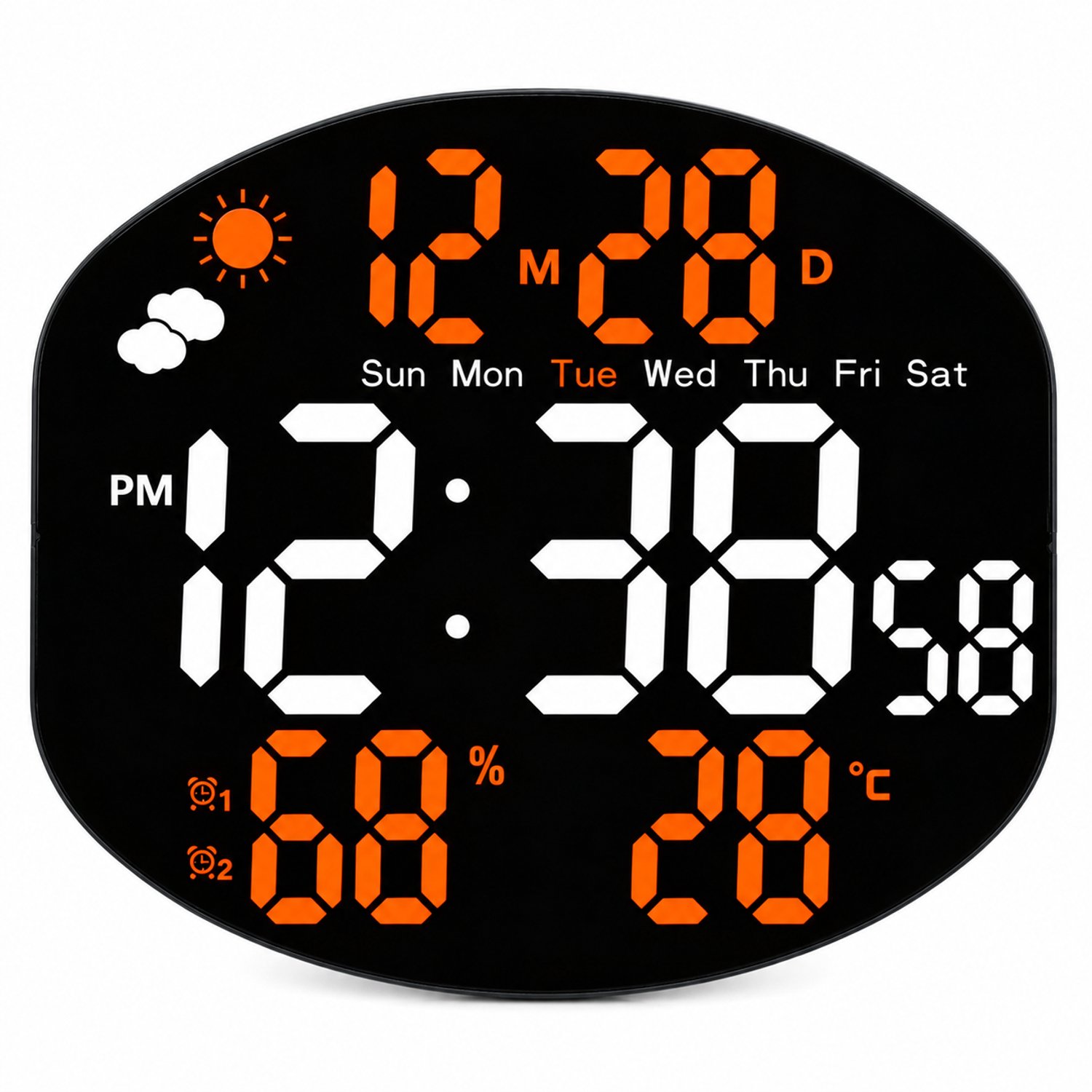 wekker met led-display - Tijd met seconden, datum, weekdag, temperatuur en luchtvochtigheid - Wit en oranje