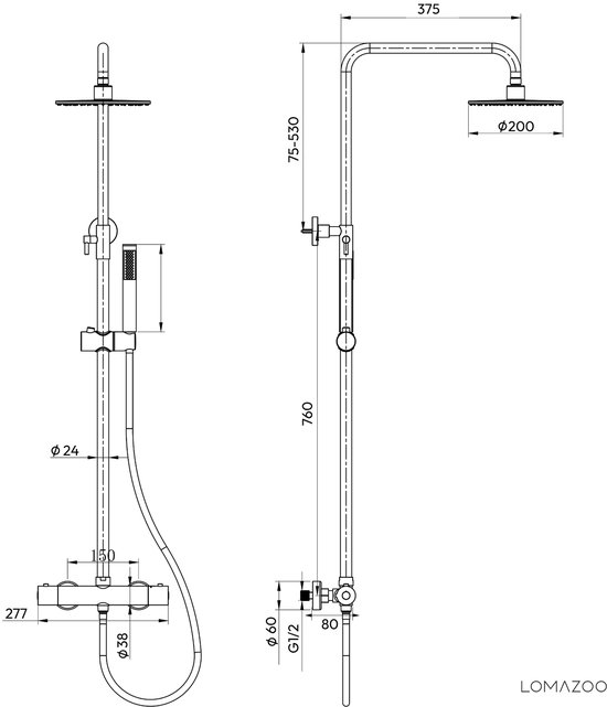 Maattekening van de Lomazoo Pandora regendoucheset in zwart met thermostaatkraan en afmetingen in millimeters.