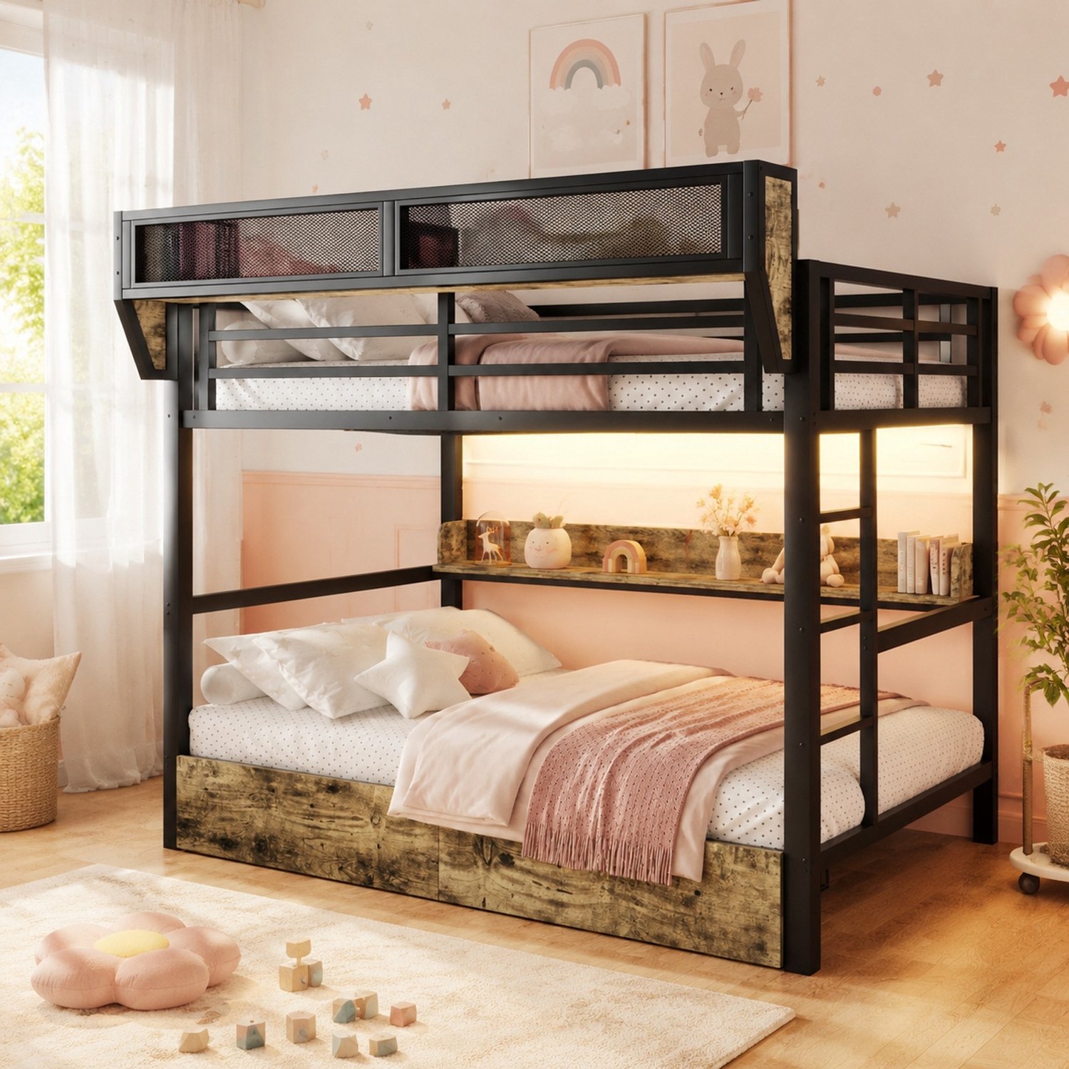 WUVRIE Stapelbed 140x200 cm - Met 2 lades, opbergmand en LED-verlichting - Zwart