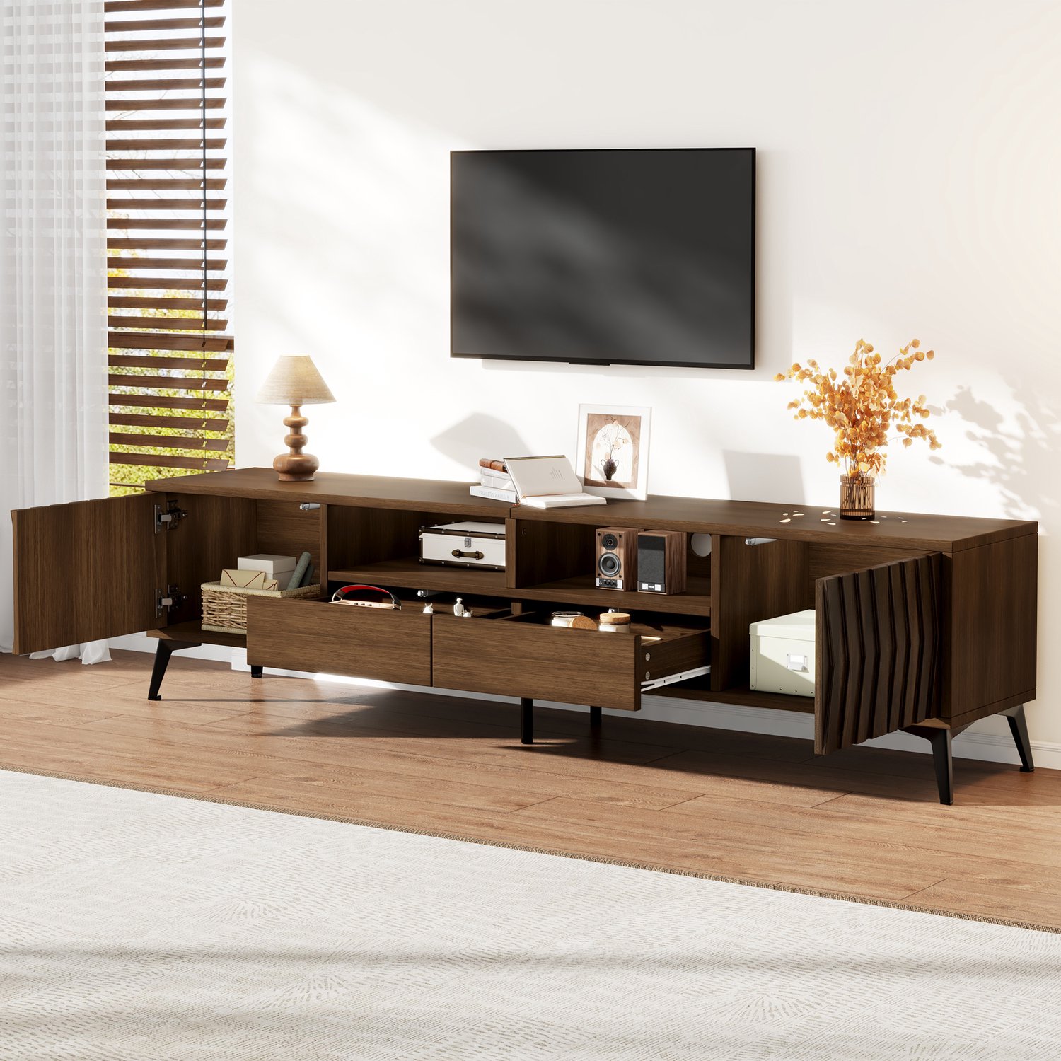 MODENUIT Tv-Meubel - 2 Deuren En 2 Laden - Voor Tv Tot 75 Inch - Spaanplaat - Walnootkleur - 180x35x45 Cm