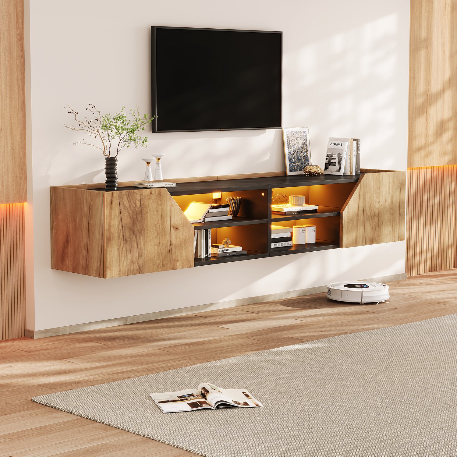 MODENUIT Tv-Meubel - Met Ledlicht En 2 Deuren - Voor Woonkamer - Mdf En Spaanplaat - 180x36,5x40 Cm - Zwart Zwart en houtkleur