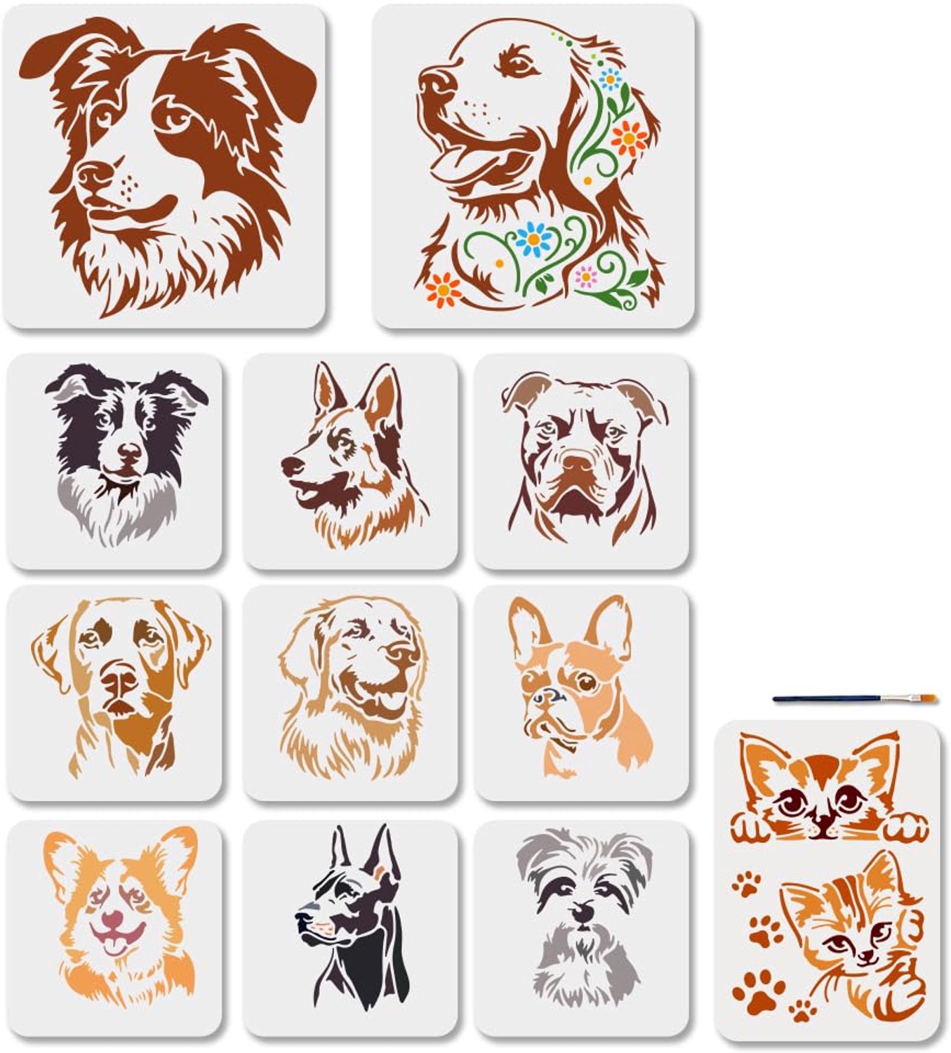 Hondensjablonen 12 stuks - Herbruikbare Schildersjablonen - Dierenhoofdmotieven - Kunststof - Inclusief Penseel - Afmetingen 20-30 cm