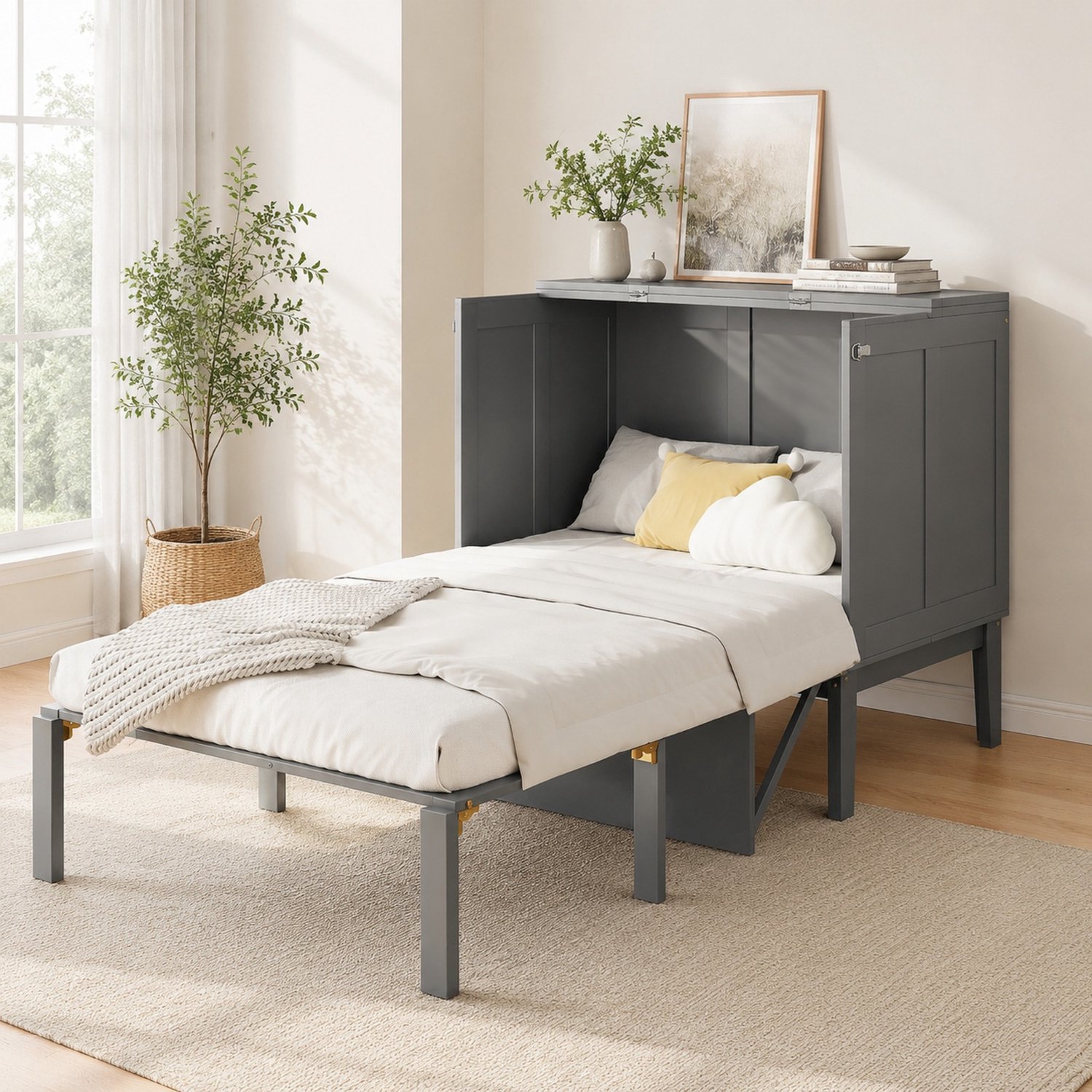 WUVRIE Verticaal opklapbed 90x200 cm - Met lattenbodem en ruimte onder het bed - Grijs