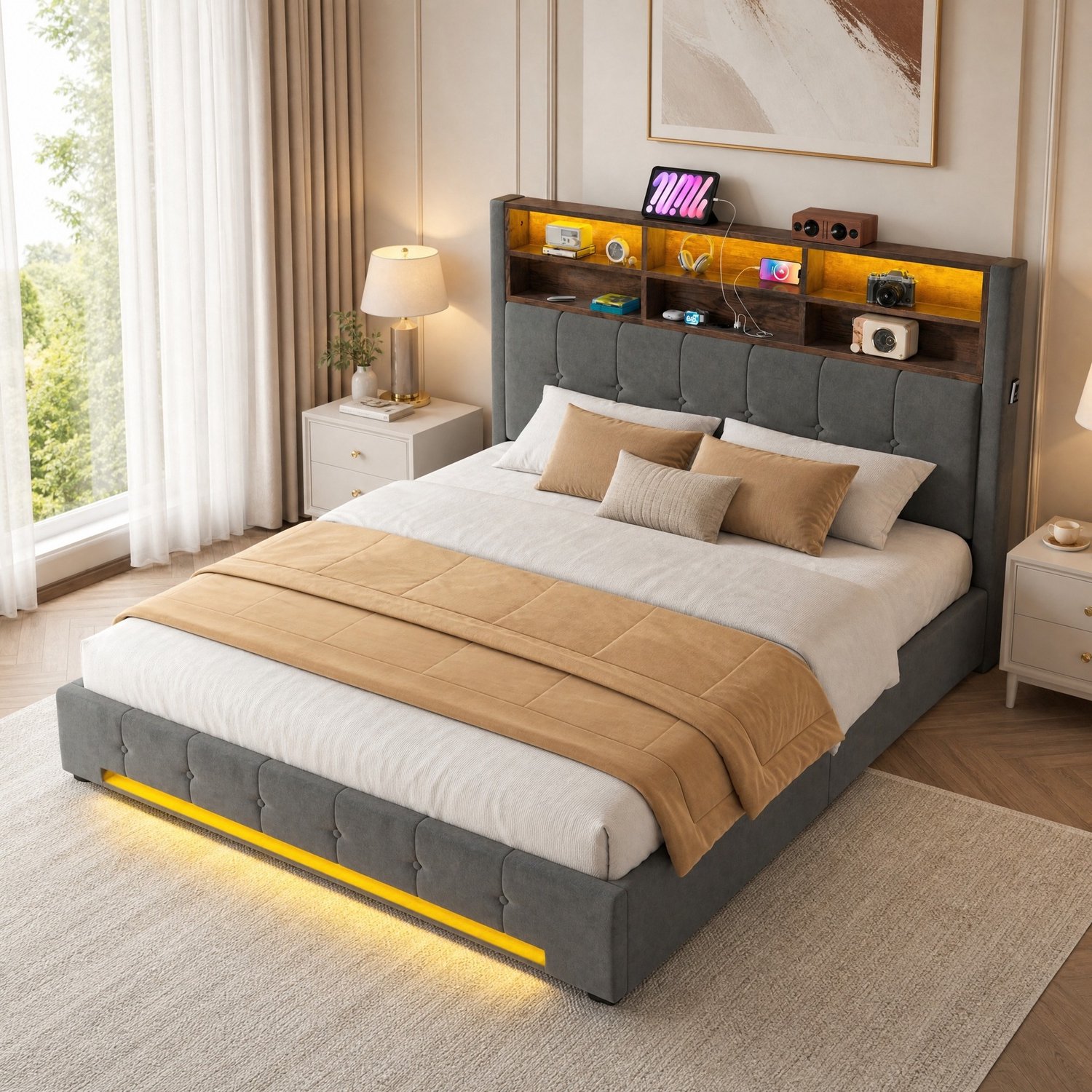 WUVRIE Tweepersoonsbed 180x200 cm - Hydraulische opbergruimte en hoofdbord met 6 vakken - LED en USB-C - Donkergrijs