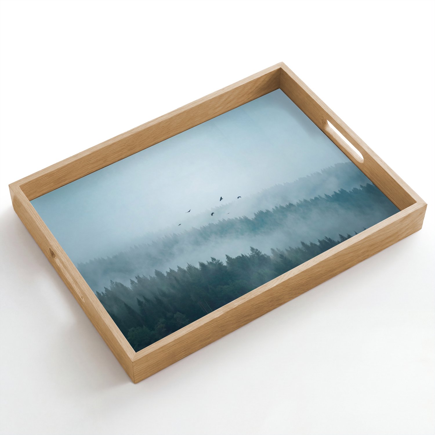 Dienblad hout 50x35 cm - Schootdienblad - Bos - Mist - Vogels - Natuur - Groen - Borrelplank rechthoek - Plateau dienbladen