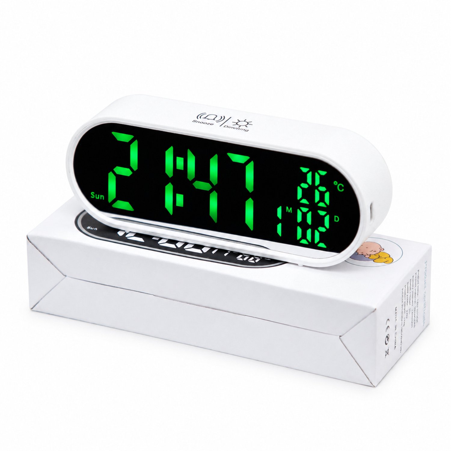wekker - Ovaal met groen LED-display, temperatuur- en datumweergave - Oplaadbaar en USB-voeding - Witte behuizing