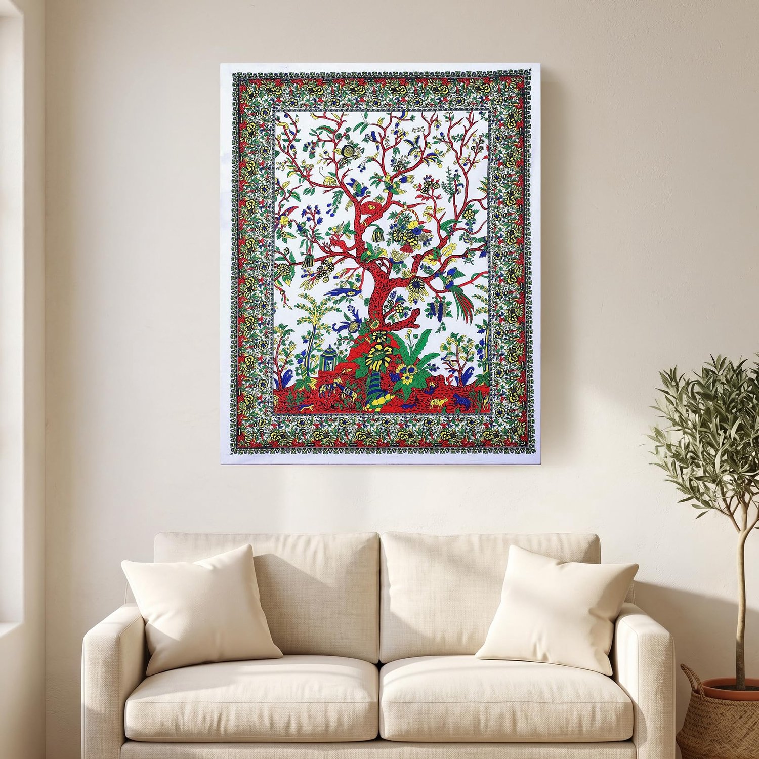 Wandtapijt Witte Levensboom - Handgemaakt Katoenen Decoratie