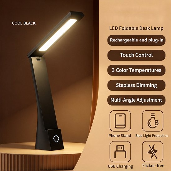 Zwarte bureaulamp met specificaties: oplaadbaar, touch-bediening, 3 kleurtemperaturen en telefoonstandaard.