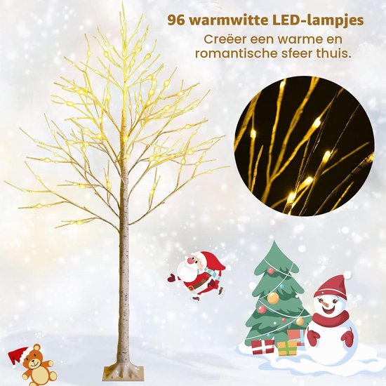 Verlichte berk met 96 warmwitte LED-lampjes, inclusief kerstthema-illustraties.