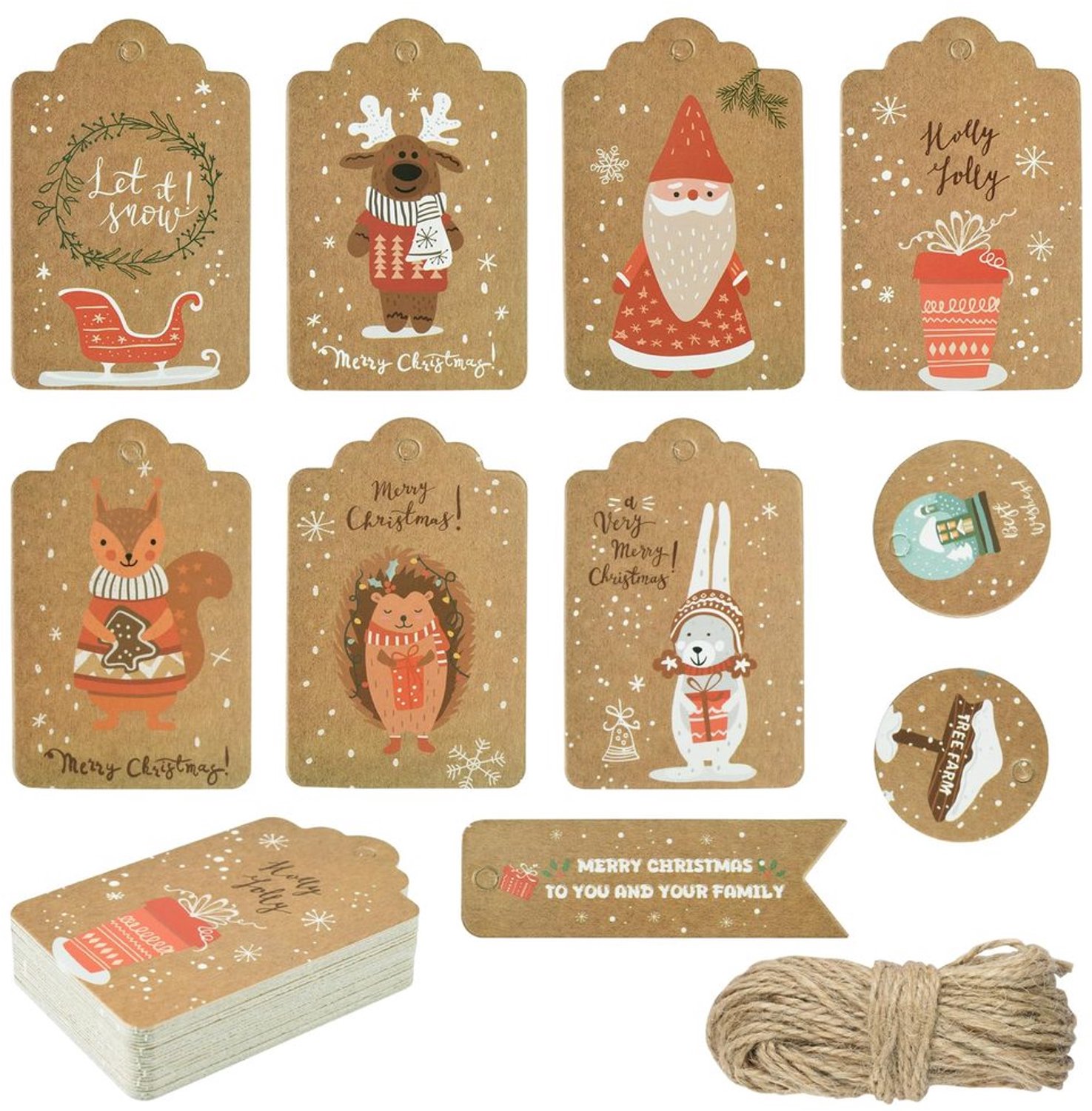 60 Stuks Kerst Cadeaulabels van Kraftpapier met Touw