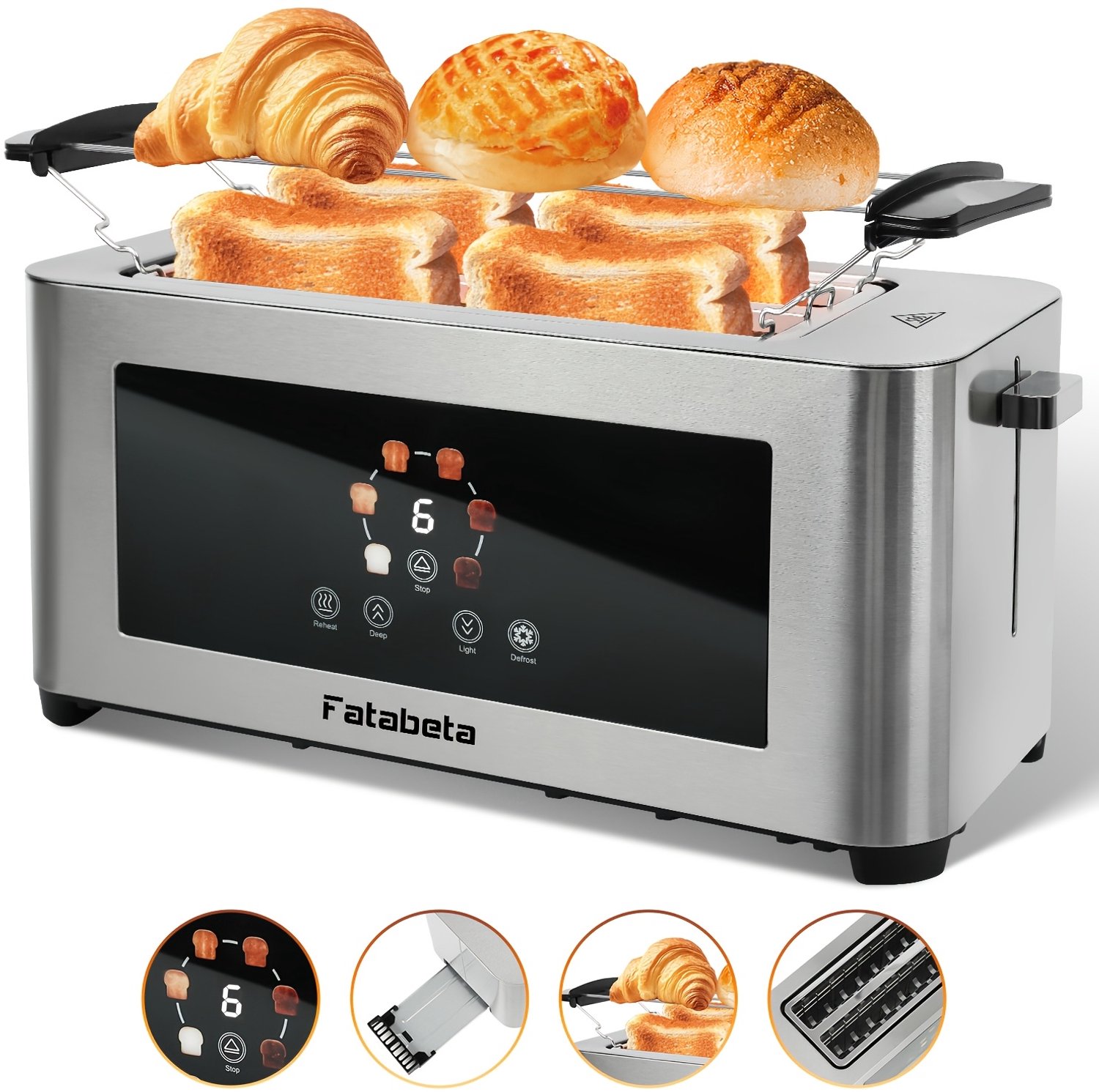 Mura Broodrooster - Rooster - Toaster - LCD Aanraakscherm - Plaats Voor 4 Sneetjes - 1400W Vermogen - 7 Bruiningsniveaus - Zilver