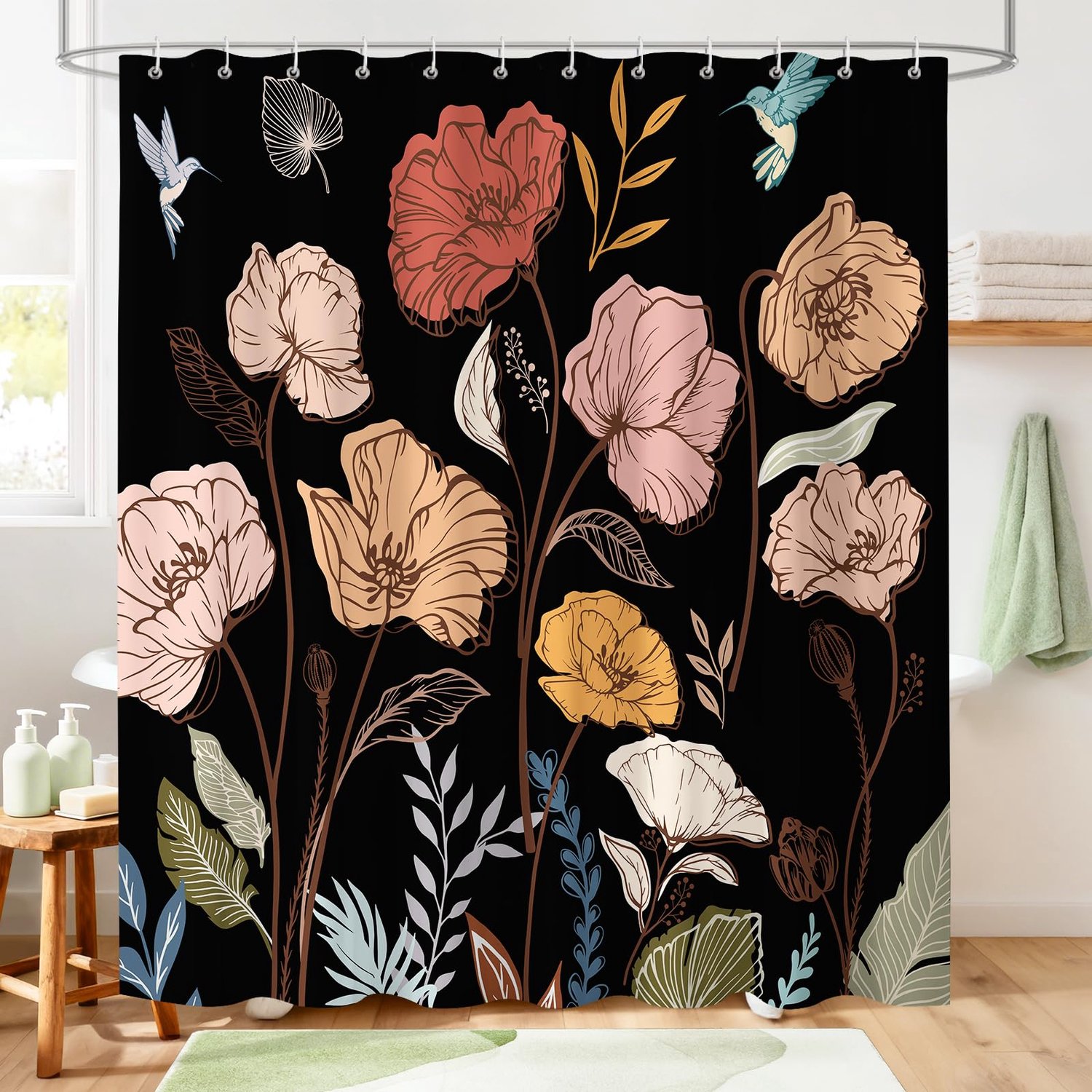 Zwart Bloemen Douchegordijn 180 x 180 cm Waterdicht en Vintage