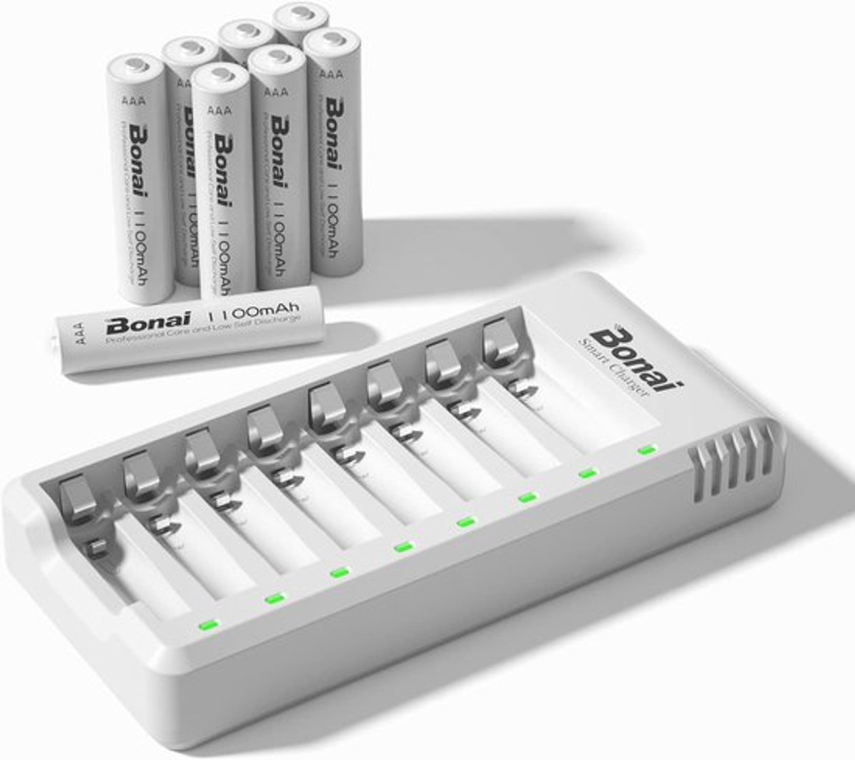 SnelShoppen - Batterijlader met 8 Onafhankelijke Slots & 8 Oplaadbare AAA Batterijen (1100mAh, Ni-MH) - USB Lader Geschikt voor AA/AAA Batterijen met